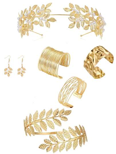 Conjunto de 5 piezas/7 piezas de ropa y accesorios con estilo de diosa griega, que incluye corona con forma de hoja, diadema, aretes, pulsera, aretes, tocado nupcial, adecuado para que las damas lo usen en fiestas, bodas y compromisos