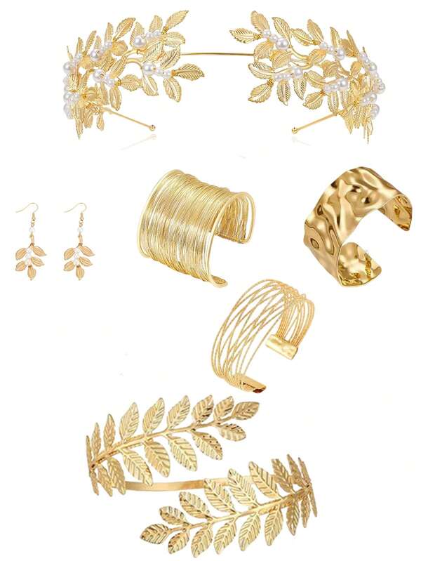 5Pcs/7Pcs Greek Goddess Style Clothing And Accessories Set, Including Leaf Shaped Crown, Headband, Earrings,Bracelet, Earrings, Bridal Headpiece Suitable For Ladies To Wear At Parties, Weddings, Engagements