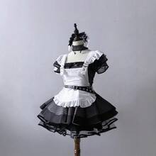 Vintage Black And White Striped Lolita Maid Costume Subculture Japanese Cute Apron Set Cosplay Dress - Bộ vest sọc đen + váy lót vải tuyn đen - Xem 7