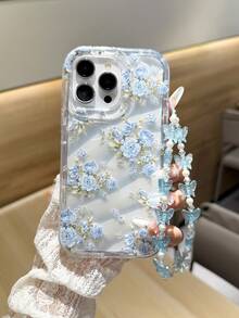 Blue Floral Phantom Wave Pattern Anti-Drop Phone Case With Butterfly Lanyard, Compatible With Apple 16, 14 Pro Max, High-Quality New 13, 15, Ins Style 12/12 Pro, 11, 13 Pro Max, XS, 12 Pro Max, 16 - Blue - View 1