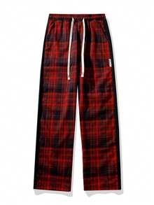 Men's Casual Plaid Print Drawstring Straight Leg Pants, Fashionable Colorblock Trousers For Autumn - Red - View 2