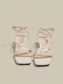 女式米色交叉带高跟凉鞋，露趾，系带，粗跟，系带凉鞋，夏季鞋 - 米色 - 查看 6