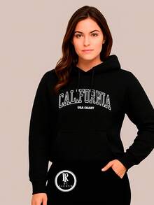Women's Cold Weather Sweatshirt In Various Colors With California USA Print Fast Shipping Blouse With Pocket And Hood - 黑色 - 查看 2