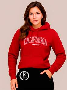 Women's Cold Weather Sweatshirt In Various Colors With California USA Print Fast Shipping Blouse With Pocket And Hood - 紅色 - 查看 2