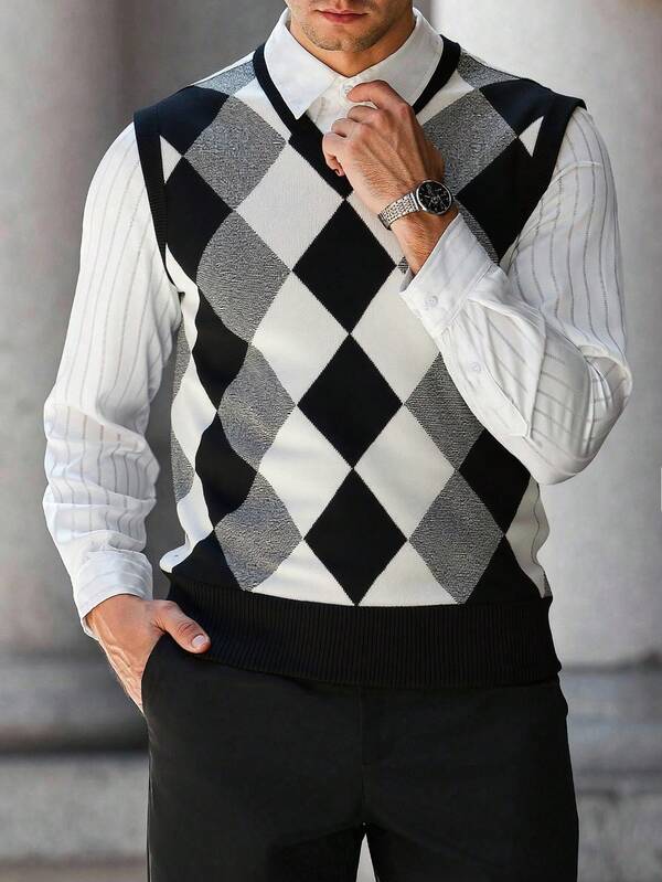 Men's Knitted Casual Contrast Color Sleeveless Sweater Vest, Fall Winter