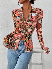 Women Button Down Floral Shirts  Fall Long Sleeve V Neck Ruched Fitted Mesh Blouse Tops Date Outfits Valentine's Day Vacation Fall Clothes For Women - Black Background Flower - View 6