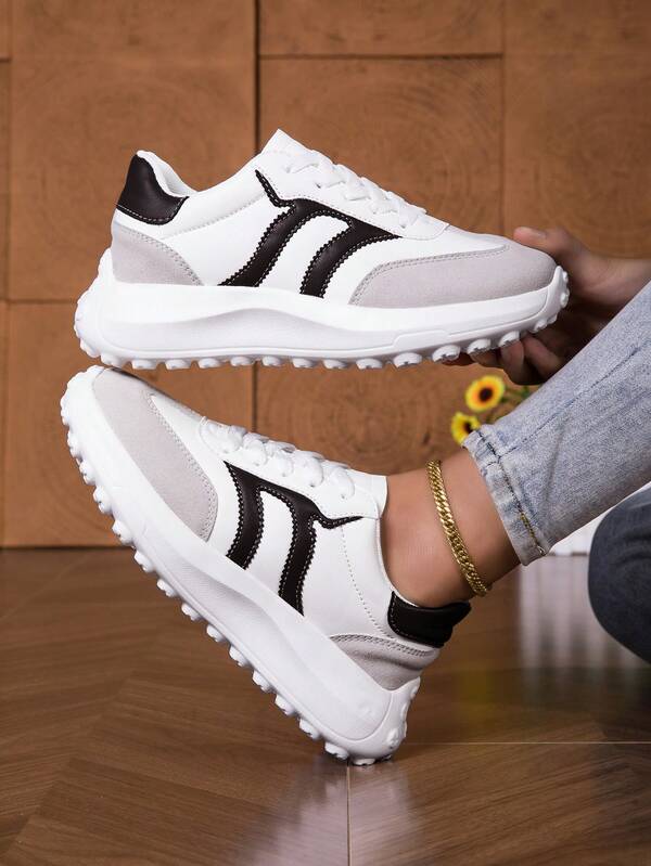 Women's Casual Sneakers, Lace-Up Thick Sole Soft Running Shoes, Low-Top Breathable Fitness Shoes