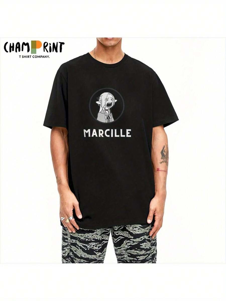 Delicious In Dungeon Meshi Marcille Circle-Shirts, Vintage-Shirt Men, Crew Neck-Shirts, Plus Size Short Sleeve-Shirts - 黑色 - 查看 1