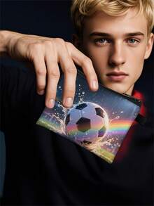 1 pieza Monedero compacto con cremallera, bolsa con cremallera de poliéster de moda y duradera con estampado gráfico de fútbol, ideal para guardar monedas y pequeños artículos esenciales, regalo divertido con cierre , material duradero, fácil de cuidar, regalo para fiesta deportiva y vacaciones