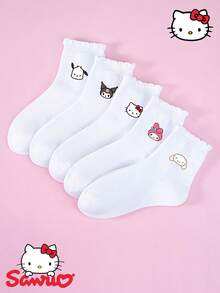 1/5 pares de calcetines para niños con estampados de Hello Kitty, Kitty, KT Cat, My Melody, Kuromi, Pochacco, Cinnamoroll, con puños con volantes