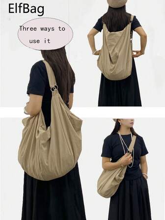 Large Capacity Foldable Solid Color Shoulder Bag, Back To School Minimalist Style Women's Crossbody Bag, Nylon Fabric Bag, Casual Practical Multipurpose Tote Bag, Suitable For Work, Study, Travel