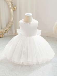 女婴白色蝴蝶结节日圣诞派对优雅公主薄纱连衣裙，适合 1 岁生日礼物、宴会、晚会 - 白色 - 查看 3