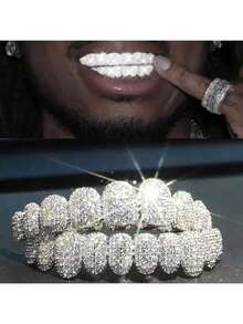 2pcs Shiny Crystal Teeth Grillz, Hip Hop Upper & Lower Teeth Grillz, Punk Mouth Jewelry For Party Role Play