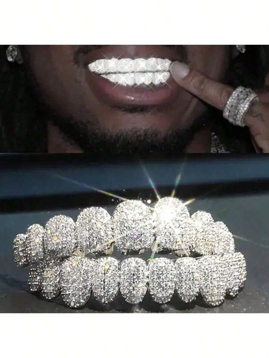 2pcs Shiny Crystal Teeth Grillz, Hip Hop Upper & Lower Teeth Grillz, Punk Mouth Jewelry For Party Role Play