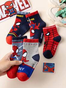 Marvel 1/5/10 Pairs Kids Socks, Superhero Spider-Man Socks, Boys Mid-Calf Socks, Korean Cartoon, Suitable For Autumn/Winter, Girls Spider-Man & Superhero Character Socks - Multicolor - View 2