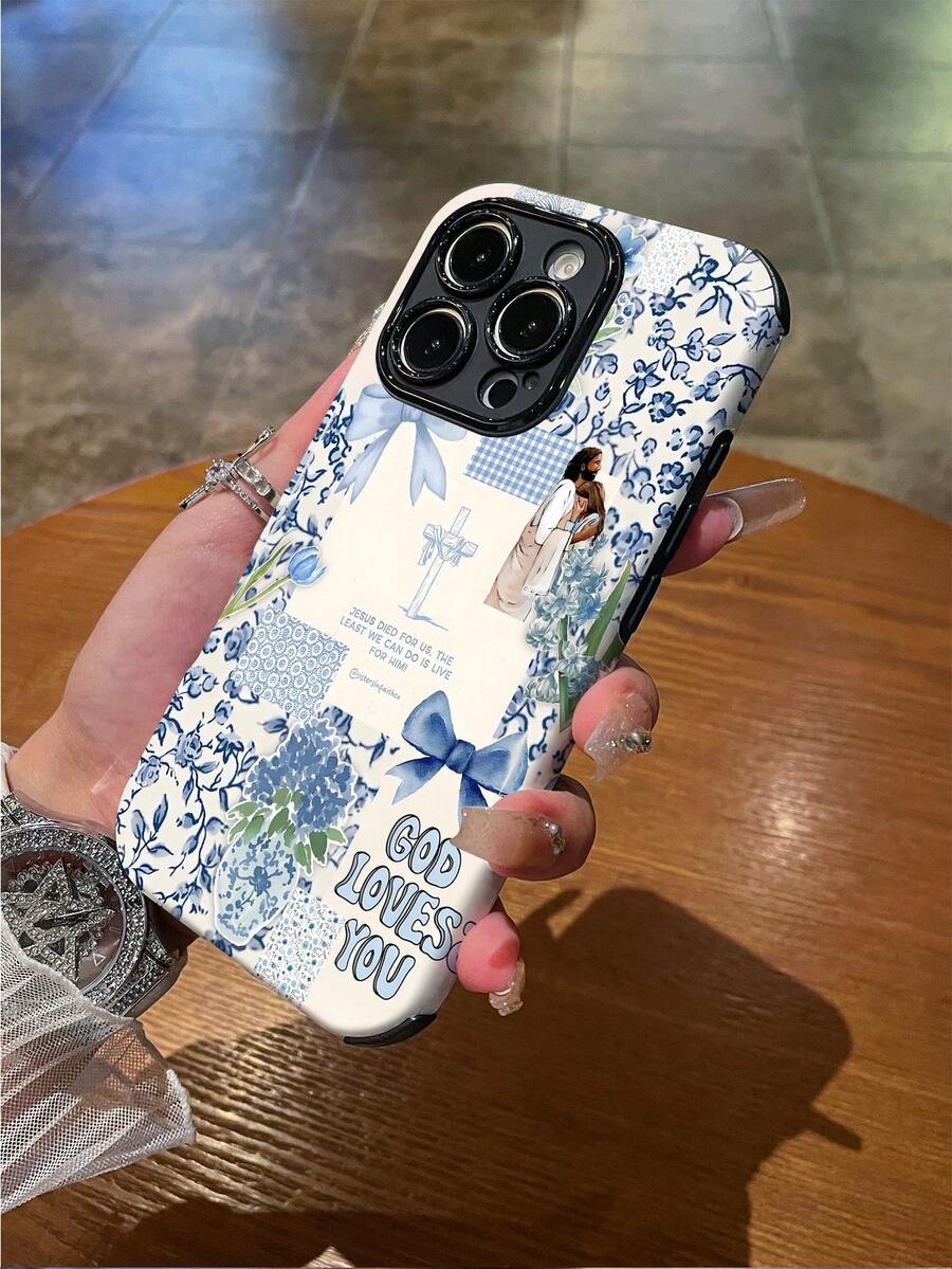 1 pieza Funda de teléfono híbrida a prueba de golpes de TPU suave + PC duro con gráfico de cruz y floral compatible con Apple 11/12/13/14/15/16/16 Plus/16 Pro/16 Pro Max