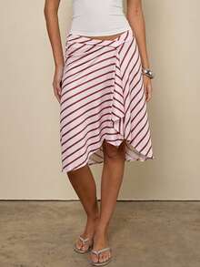 Women Y2k Low Rise Striped Maxi Skirt Asymmetrical Low Waist Ruffle Long Skirts Vintage Coquette A-Line Skirt - Hồng - Xem 5