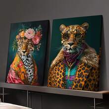 2 Stücke Holzrahmen Leinwanddruck dekorative Malerei, Leoparden Muster Kunst, Schlafzimmer Dekoration, stilvoller Leopard, Blumen, Pflanzen, Tier Kunst, Innenraum Heim Wand Dekorationskunst - Verschiedenfarbig - Übersicht 1
