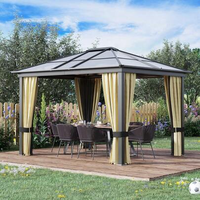 Outsunny Brown 3x3.6m Hardtop Gazebo – Polycarbonate Roof & Aluminium Frame Pavilion With Mosquito Netting & Curtains