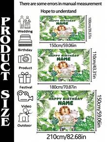 1件可定制彩色丛林主题个性化生日背景布 - 耐用乙烯基横幅，印有狮子、大象、长颈鹿、斑马和其他动物图案 - 非常适合室内/室外派对装饰和拍照道具，可悬挂作为丛林主题装饰，无需用电，提供3种尺寸，多功能，装饰性强，字母可定制，时尚现代，色彩鲜艳，可爱休闲，可定制，个性化，独特，是送给男士或女士的理想礼物 - 彩色 - 查看 11