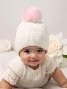 1 Stück schwarze Pompon-Strickmütze Beanie Mütze für Kleinkind Kinder und Babys, Y2K-Stil, gestrickte Neugeborenen-Mütze für den Außenbereich, warme Wintermütze geeignet für den täglichen Arbeitsweg - 1PC - Übersicht 1