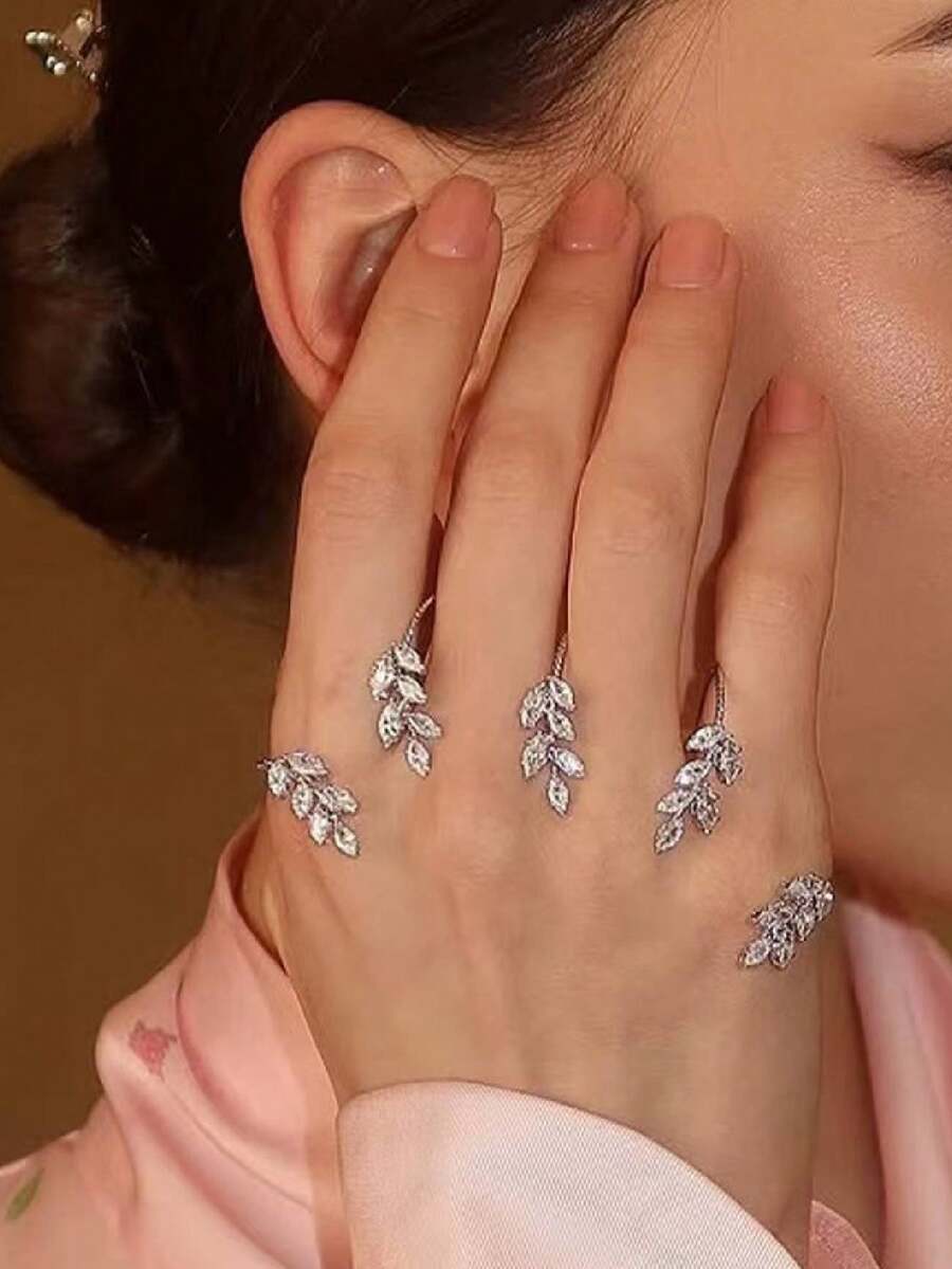 1 件可调节叶子锆石戒指，高端欧美风格水钻手链，百搭女士珠宝 - 銀色 - 查看 1