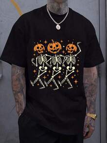 Camiseta de hombre con estampado de calavera y calabaza con temática de Halloween - Negro - Ver 1