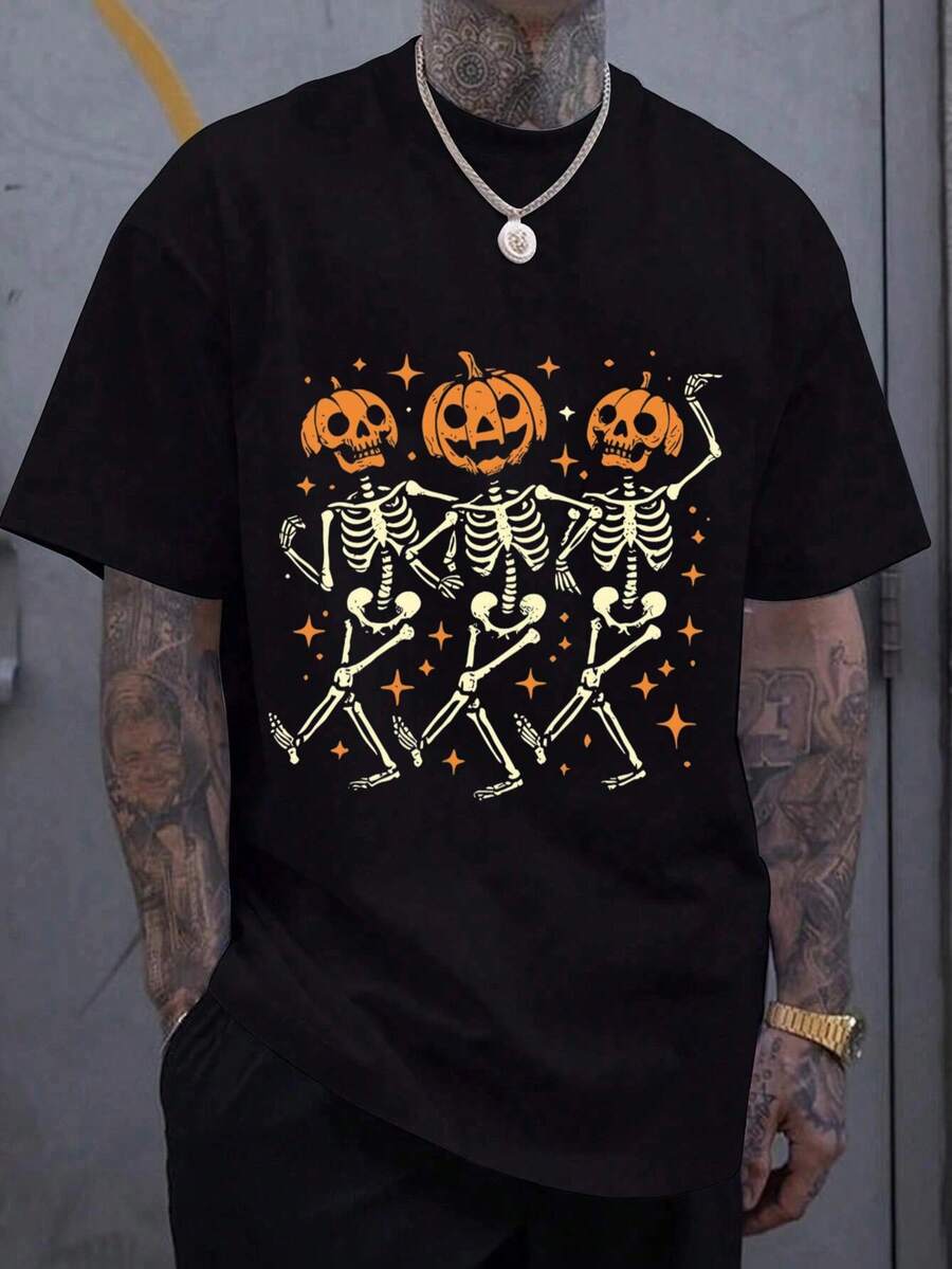 Camiseta de hombre con estampado de calavera y calabaza con temática de Halloween - Negro - Ver 1