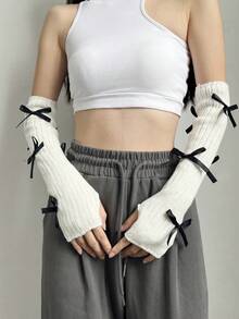 1 par de guantes sin dedos de punto con 5 decoraciones de moños cruzados, estilo lindo y dulce, adecuado para deportes, fiestas de cumpleaños, citas nocturnas, uso diario - 358# - Ver 2