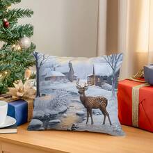 1 buc. Față de pernă decorativă în stil vintage de Crăciun, imprimată pe o singură față - Față de pernă din catifea piersică, 45*45cm