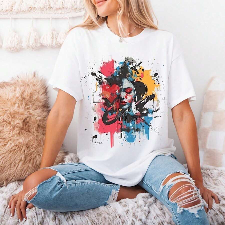 I Love Art , Paint Art Shirt, Color Splash , Basquiat-Inspired T-Shirt220G Pure Cotton T-Shirt - Comfort All Day, Suitable For Any Ocsion, A Special Gift For Your Closest Loved Ones - 白色 - 查看 1