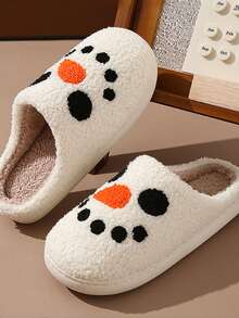 Pantuflas de mujer con diseño bordado de muñeco de nieve navideño, de punta cerrada, tacón plano, estilo lindo, para uso en interiores, invierno, material de borreguito sintético, diseño de pareja, cálidas