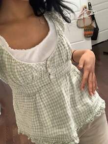 Women's Y2K Fairy Grunge Short-Sleeved Cute Tops Solid Color/Check Low-Necked Pleated Hem Casual Crop Tops Trim Scoop Neck Button-Up Blouse Babydoll T Shirt Summer Going Out Tops Streetwear - 綠色 - 查看 2