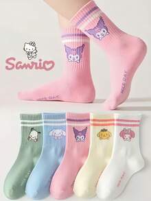 Sanrio 5 Pairs Of Spring And Summer Women'S Solid Color Double Striped Cartoon Pattern Comfortable Soft Mid-Calf Socks, Polyester Blend Casual Style, Suitable For Gifts/Back To School Season Wear