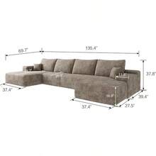Oversized U Shaped Modular Sectional Sofa Cloud Couch With Chaise Lounge And Movable Ottoman, Fluffy Corduroy Upholstered Boneless Sofa Deep Seat Couches W/Pillows - 駱駝 135.4 英吋寬 - 查看 2