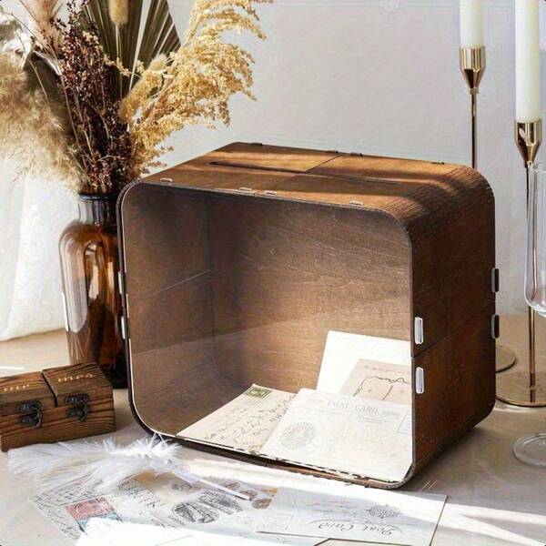 11.6x9.6x6.3 Inch Rustic Wooden Wedding Card Box With Acrylic Window, Large Capacity Honeymoon Fund Box For Reception, Bridal Shower And Party Decor, Easy Assembly With Stickers, Charming Country Design, Elegant Event Decoration, Mortise And Tenon Connection, Durable Wooden Structure