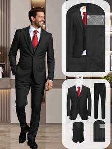 Men's 4pcs Suit Set, Includes Blazer Vest Pants Dust-Proof Bag, Regular Fit, Luxury Lapel, Adjustable Belt, Suitable For Weddings, Perfect For Parties, Formal Events And Busines - màu đen - Xem 1
