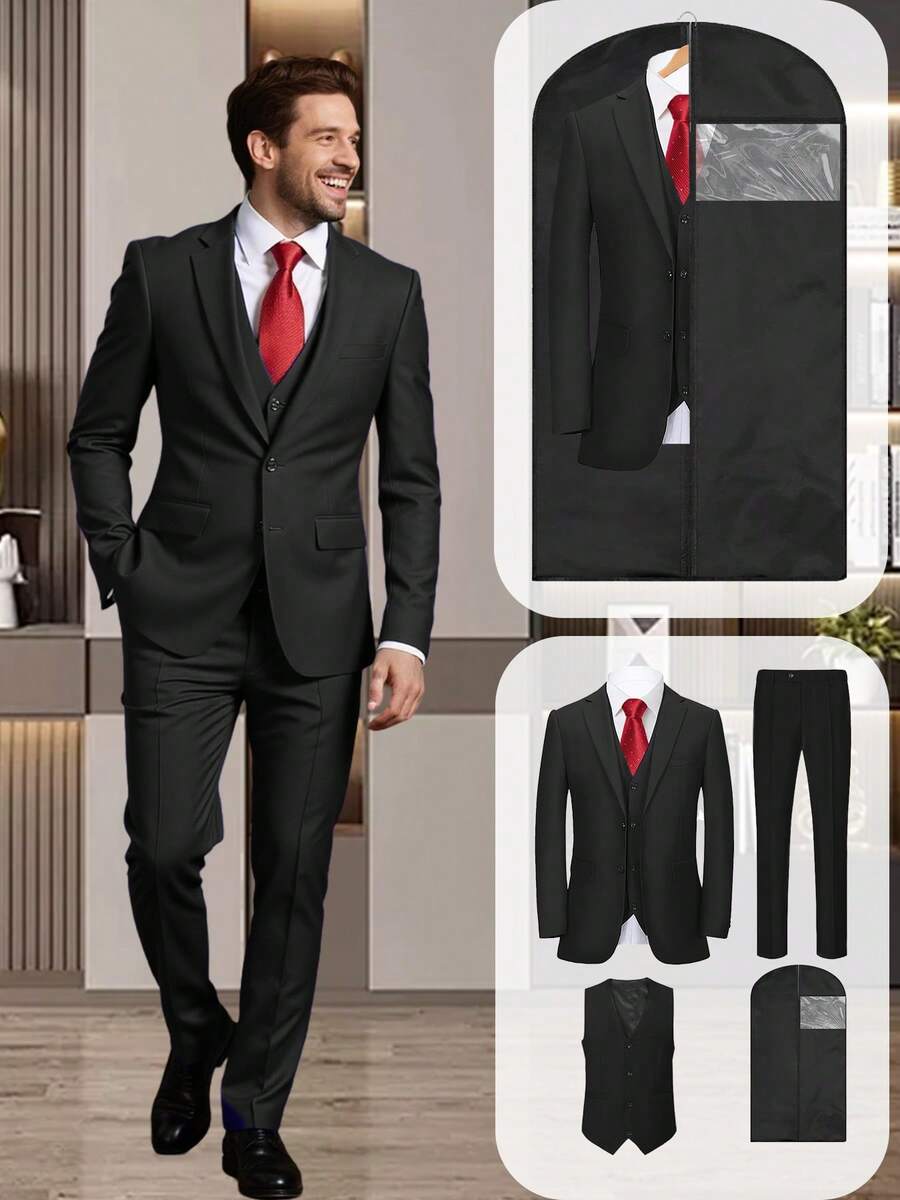 Men's 4pcs Suit Set, Includes Blazer Vest Pants Dust-Proof Bag, Regular Fit, Luxury Lapel, Adjustable Belt, Suitable For Weddings, Perfect For Parties, Formal Events And Busines - màu đen - Xem 1
