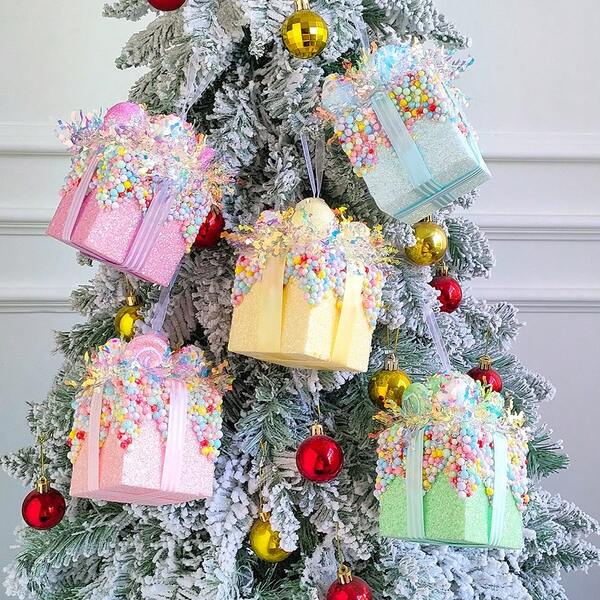 3pcs/Set Christmas Gift Box Hanging Ornament Set, Pastel Macaron Sweet Foam Glitter Candy Gift Box Christmas Tree Hanging Pendant Decoration For Xmas New Year Birthday Home Party Supplies