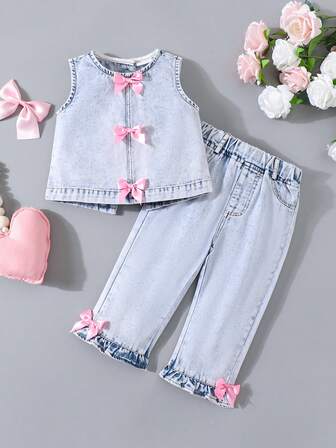 2pcs Baby Girl Summer Light Denim Sleeveless Top + Fashionable Ruffle Hem Long Pants Set