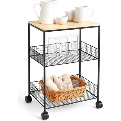 3-Tier Rolling Storage Trolley With Mesh Baskets Mobile Organiser Cart With Wheels For Kitchen, Bathroom, Office, Bedroom – Metal Utility Rack For Hom