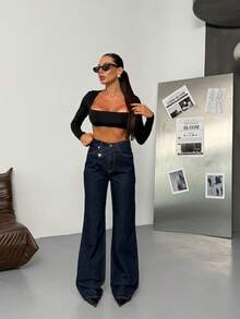 Dark Blue Denim Pants With Double Button Detail - Navy Blue - View 4