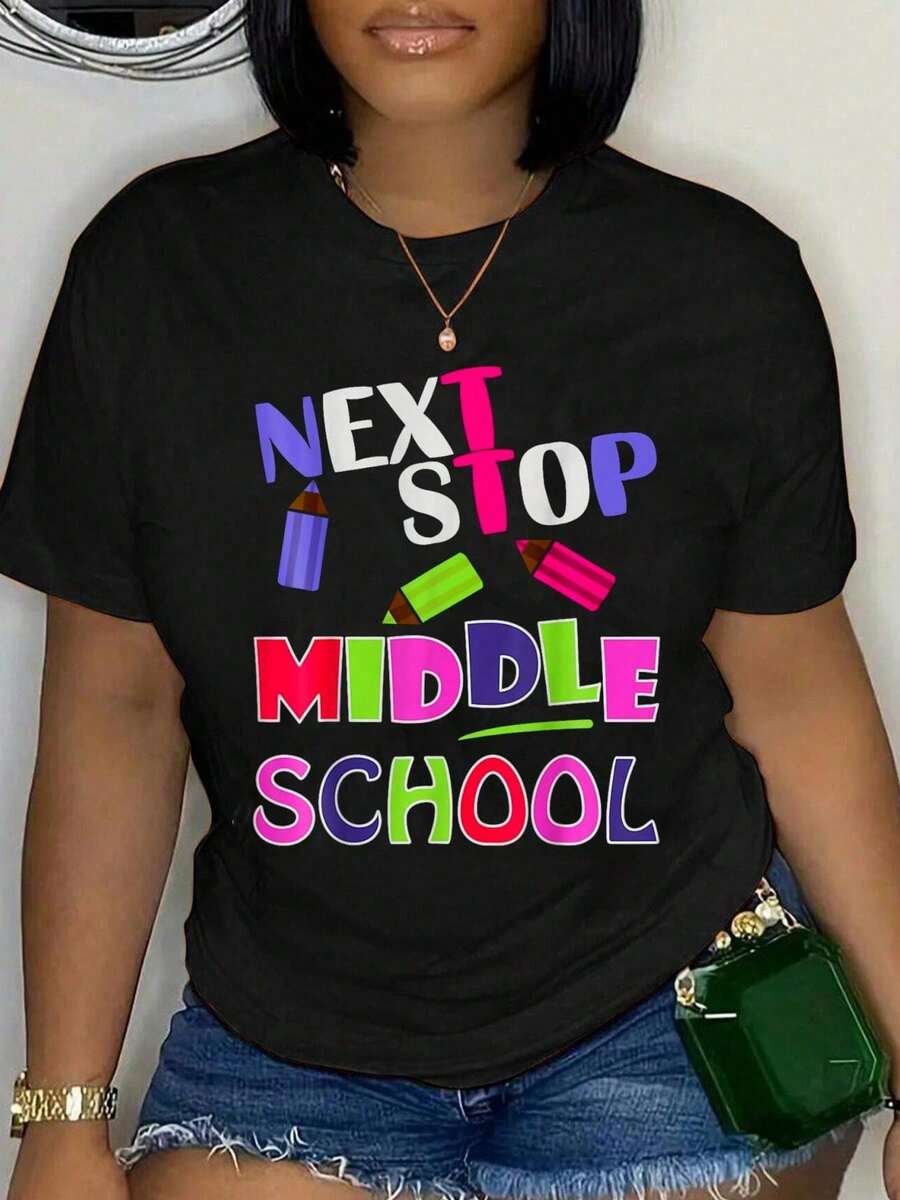 100% Cotton Next Stop Middle School Girl Boy Funny For Kids Graduation T-Shirt Women's Men's Oversized Comfort Soft Crew Neck Tee Tops - 黑色 - 查看 1
