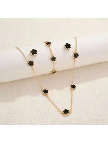 Set de 4 piezas: Collar, pulsera y pendientes con trébol y flor de cinco pétalos, collar de gargantilla versátil y de la suerte, sin estuche de regalo