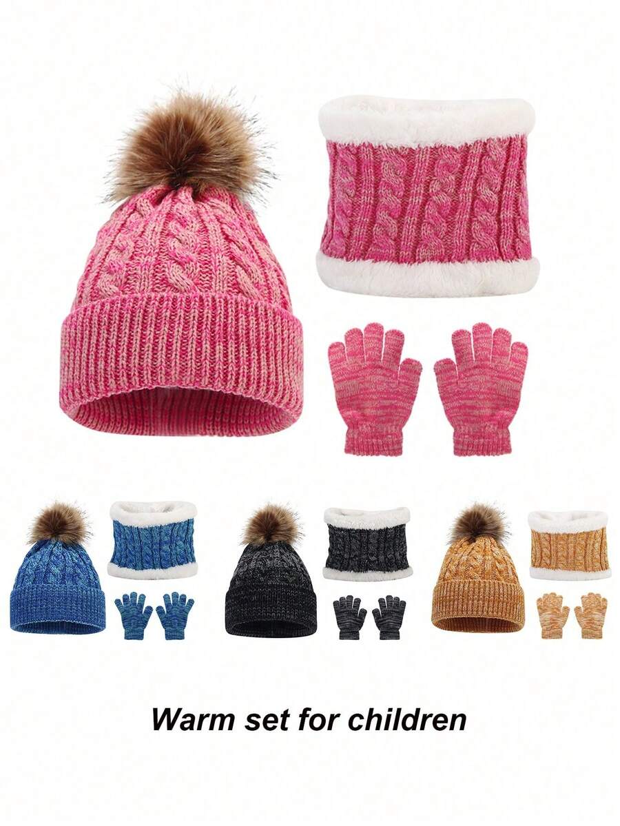 3-Piece Kids Warm Fleece Hat, Gloves And Scarf Set, 4 Colors Available, Ear And Hand Ion For Autumn/Winter - 3pcs - View 1