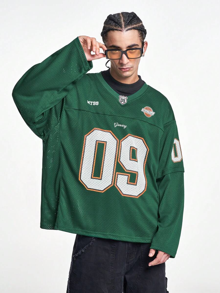MT99 Camisa de manga larga de secado rápido con cuello en V hueco, estampado de letra 09 y manga globo, estilo americano, color verde oliva - Verde - Ver 1