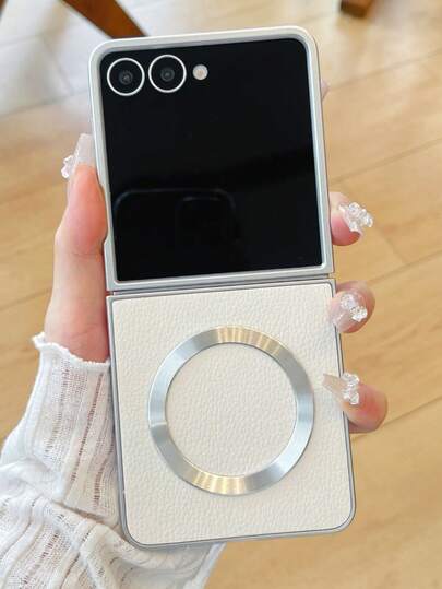 Magnetiskt läderfodral med silverkant och litchimönster för företag, kompatibelt med Samsung Galaxy Z Flip 7 Flip6 Flip5 4 Flip3 5G trådlös laddning, bakstycke