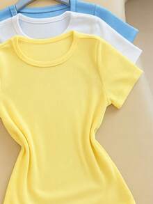 Kit 3 Women's Ribbed Blouses, Baby Tee, Basic Short Sleeve Babylook Colors  2025 - Yellow/White/Blue - View 3