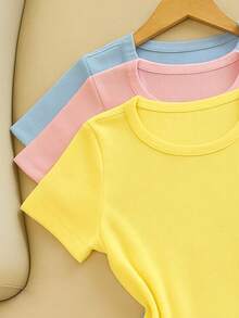 Kit 3 Women's Ribbed Blouses, Baby Tee, Basic Short Sleeve Babylook Colors  2025 - Pink/Yellow/Blue - View 2