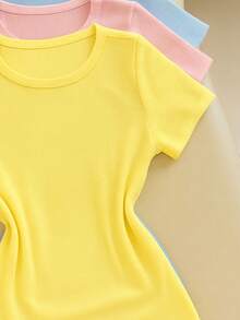 Kit 3 Women's Ribbed Blouses, Baby Tee, Basic Short Sleeve Babylook Colors  2025 - Pink/Yellow/Blue - View 3